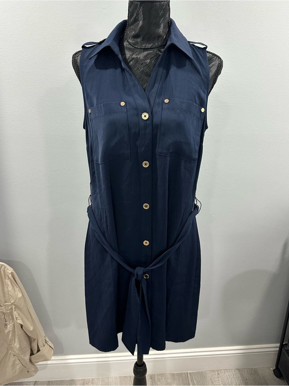 Michael Kors Sleeveless Navy Trench Dress with Gold Buttons